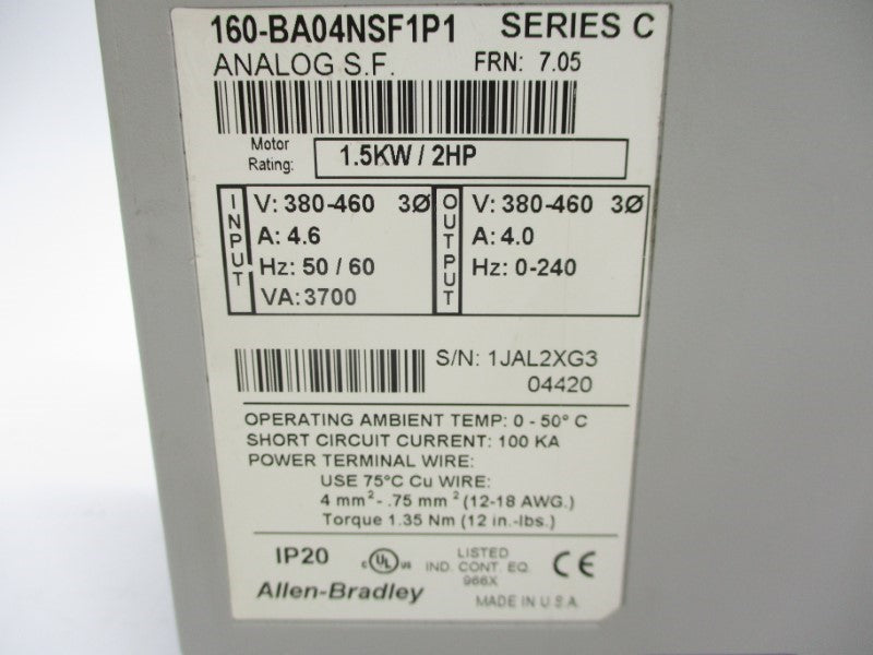 ALLEN BRADLEY 160-BA04NSF1P1 SER. C F/W 7.05 380-460V 4.6A UNMP