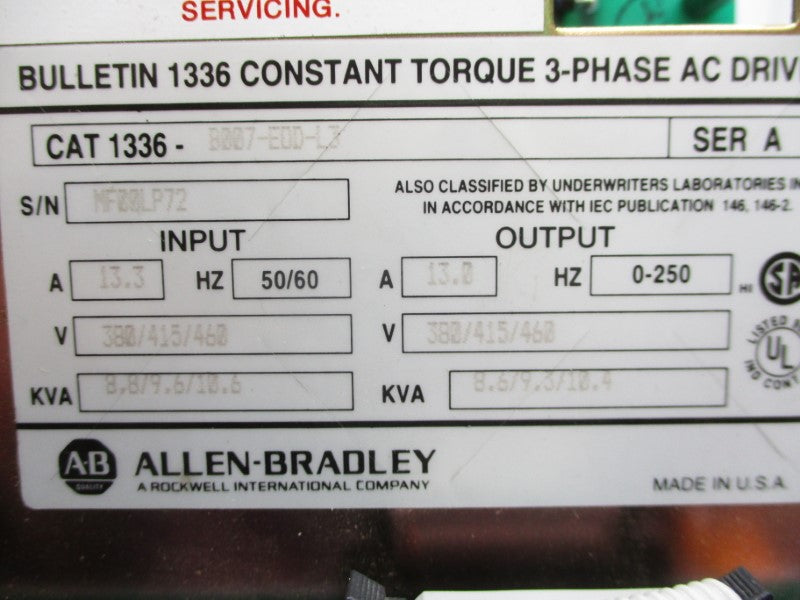 ALLEN BRADLEY 1336-B007-E0D-L3 SER. A 380-460V 13.3A NSNP