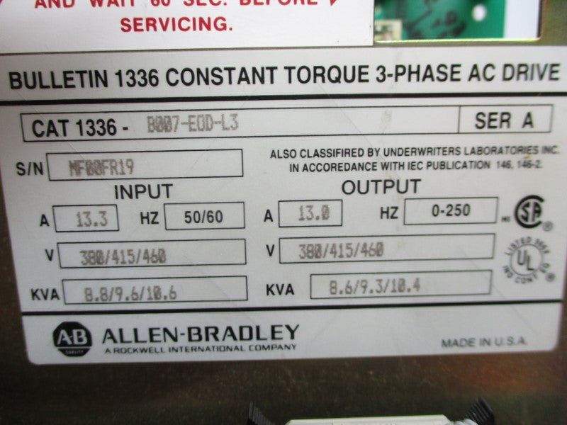 ALLEN BRADLEY 1336-B007-E0D-L3 SER. A 380-460V 13.3A NUPI