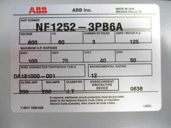 ABB NF1252-3PB6A 600V 125A NSMP
