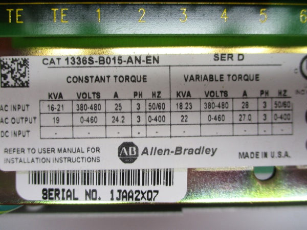 ALLEN BRADLEY 1336S-B015-AN-EN SER. D F/W 3.04 380-480VAC 25A REMAN