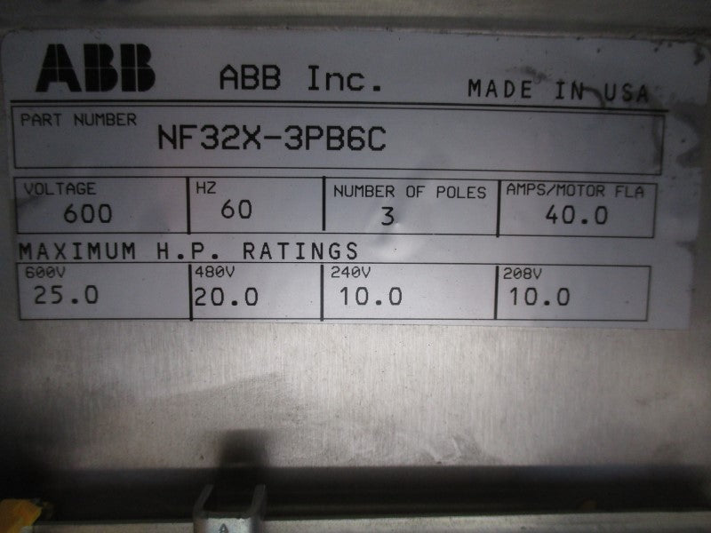 ABB NF32X-3PB6C 600V 40A (ENCLOSURE ONLY) UNMP