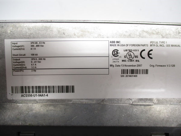 ABB ACS550-U1-04A1-4 F/W 3.12B 380-480VAC 4.1A (NO TERMINAL) UNMP