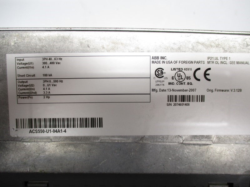 ABB ACS550-U1-04A1-4 F/W 3.12B 380-480VAC 4.1A (NO TERMINAL) UNMP