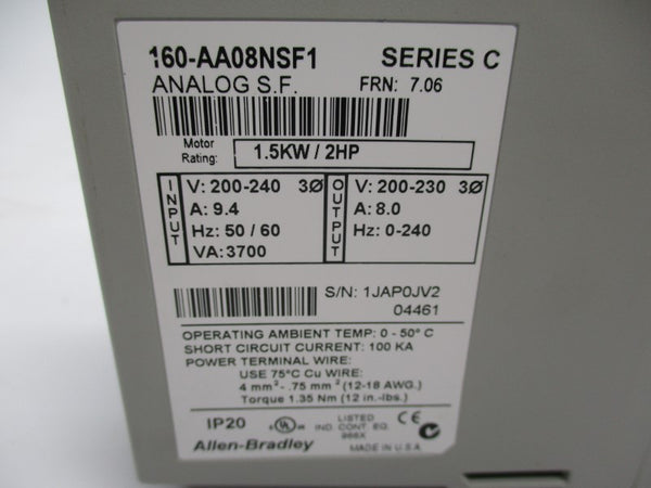 ALLEN BRADLEY 160-AA08NSF1 SER. C F/W 7.06 200-240V 9.4A (BR/WH) NSMP