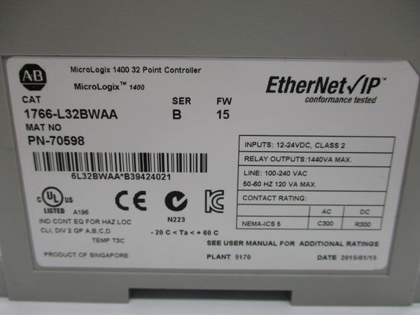 ALLEN BRADLEY 1766-L32BWAA SER. B F/W 15 12-24VDC NSNP