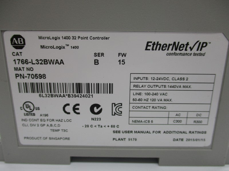 ALLEN BRADLEY 1766-L32BWAA SER. B F/W 15 12-24VDC NSNP