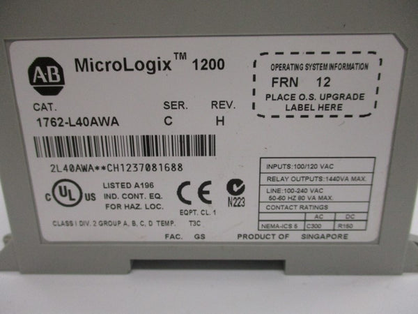 ALLEN BRADLEY 1762-L40AWA SER. C F/W 12 REV. H 100/120VAC (NO COVER) UNMP