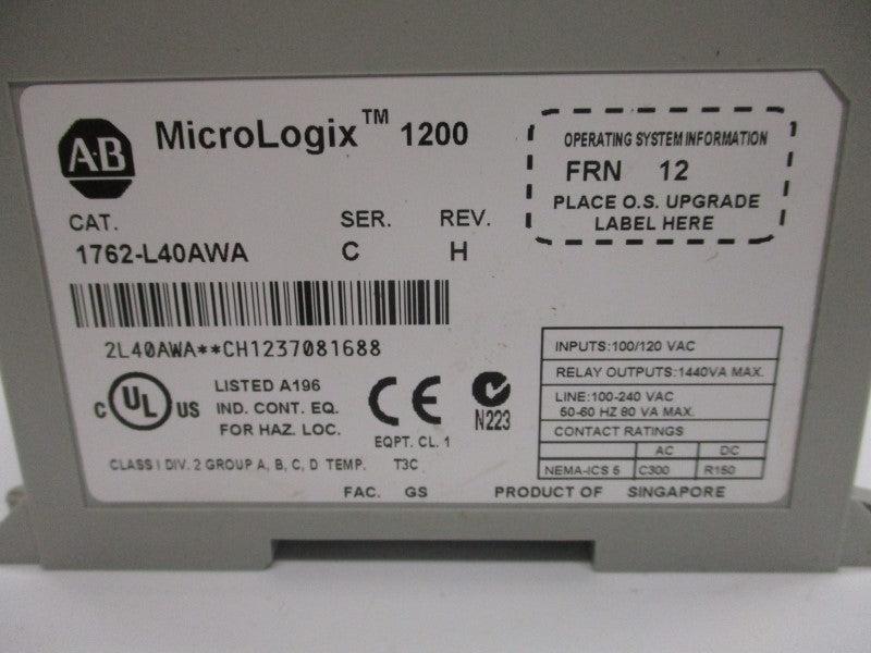 ALLEN BRADLEY 1762-L40AWA SER. C F/W 12 REV. H 100/120VAC (NO COVER) UNMP