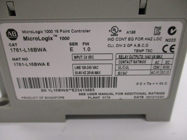ALLEN BRADLEY 1761-L16BWA SER. E F/W 1.0 24VDC (NO COVER) NSNP