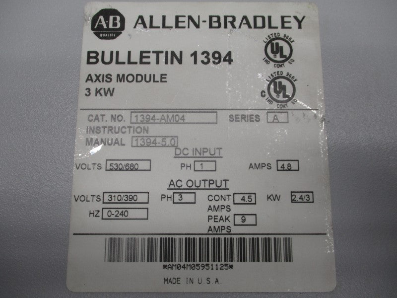 ALLEN BRADLEY 1394-AM04 SER. A 530/680VDC 4.8A (AS IS) UNMP