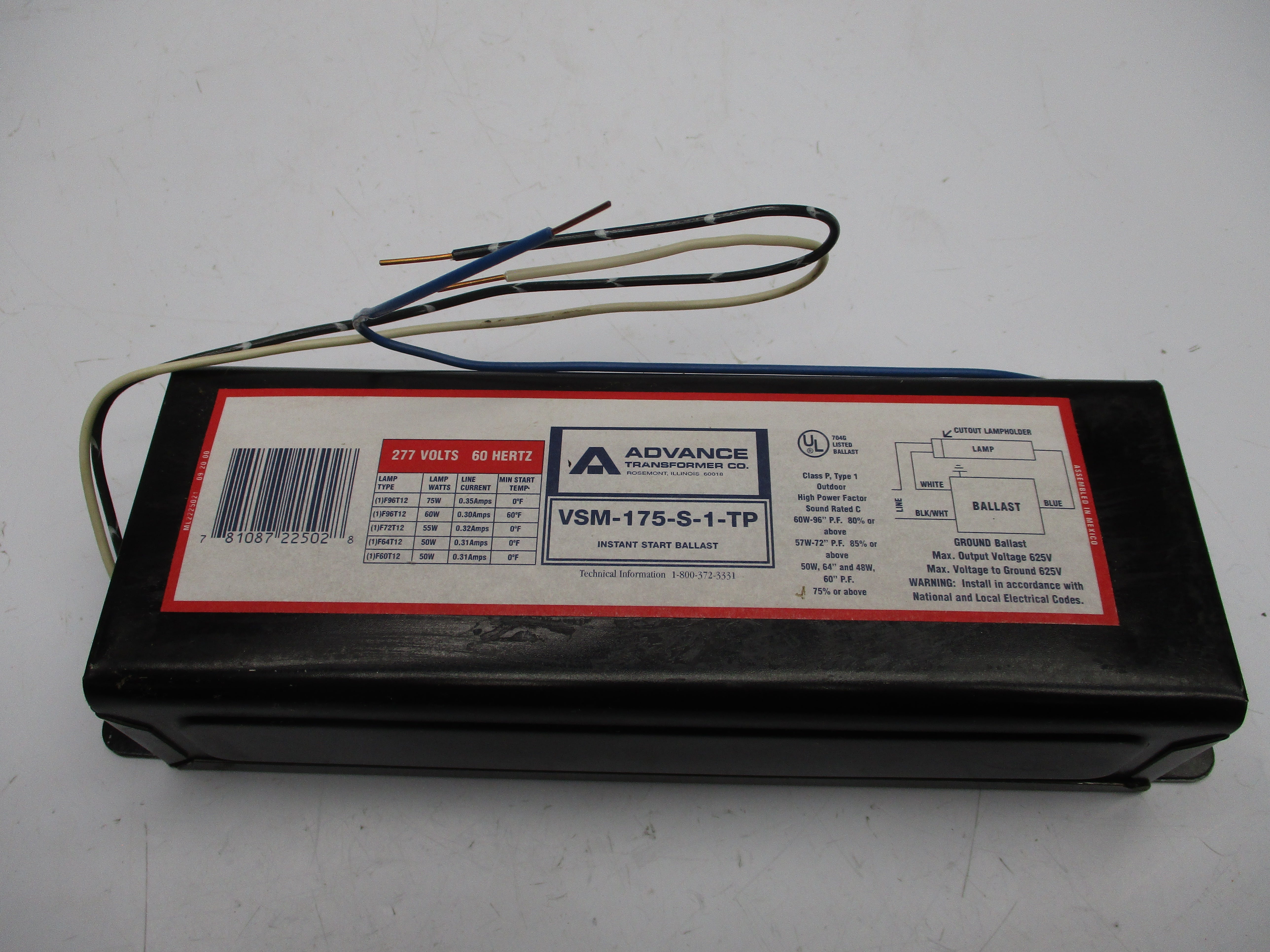 ADVANCE TRANSFORMER VSM-175-S-1-TP 277V 0.35A NSMP