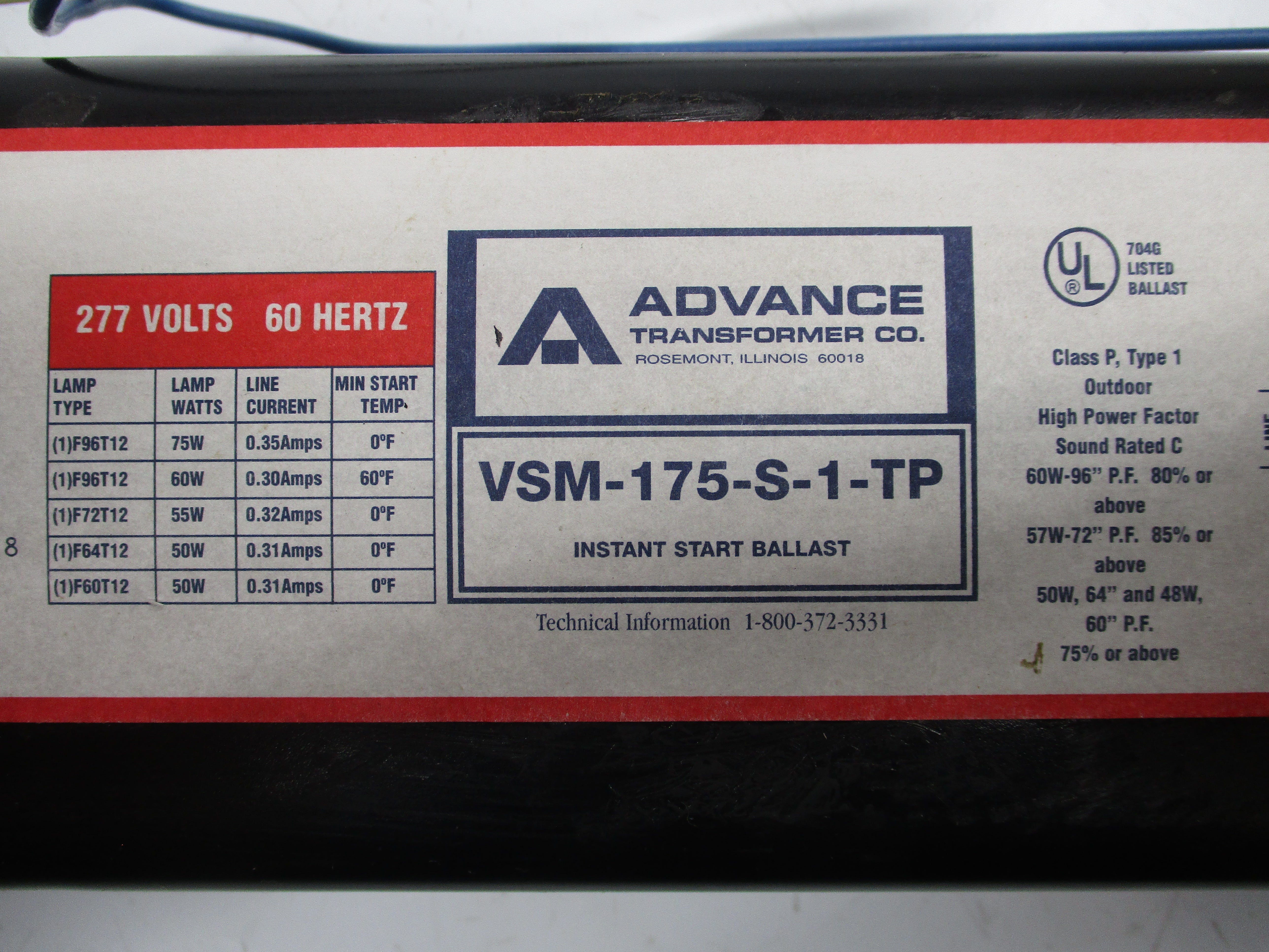 ADVANCE TRANSFORMER VSM-175-S-1-TP 277V 0.35A NSMP