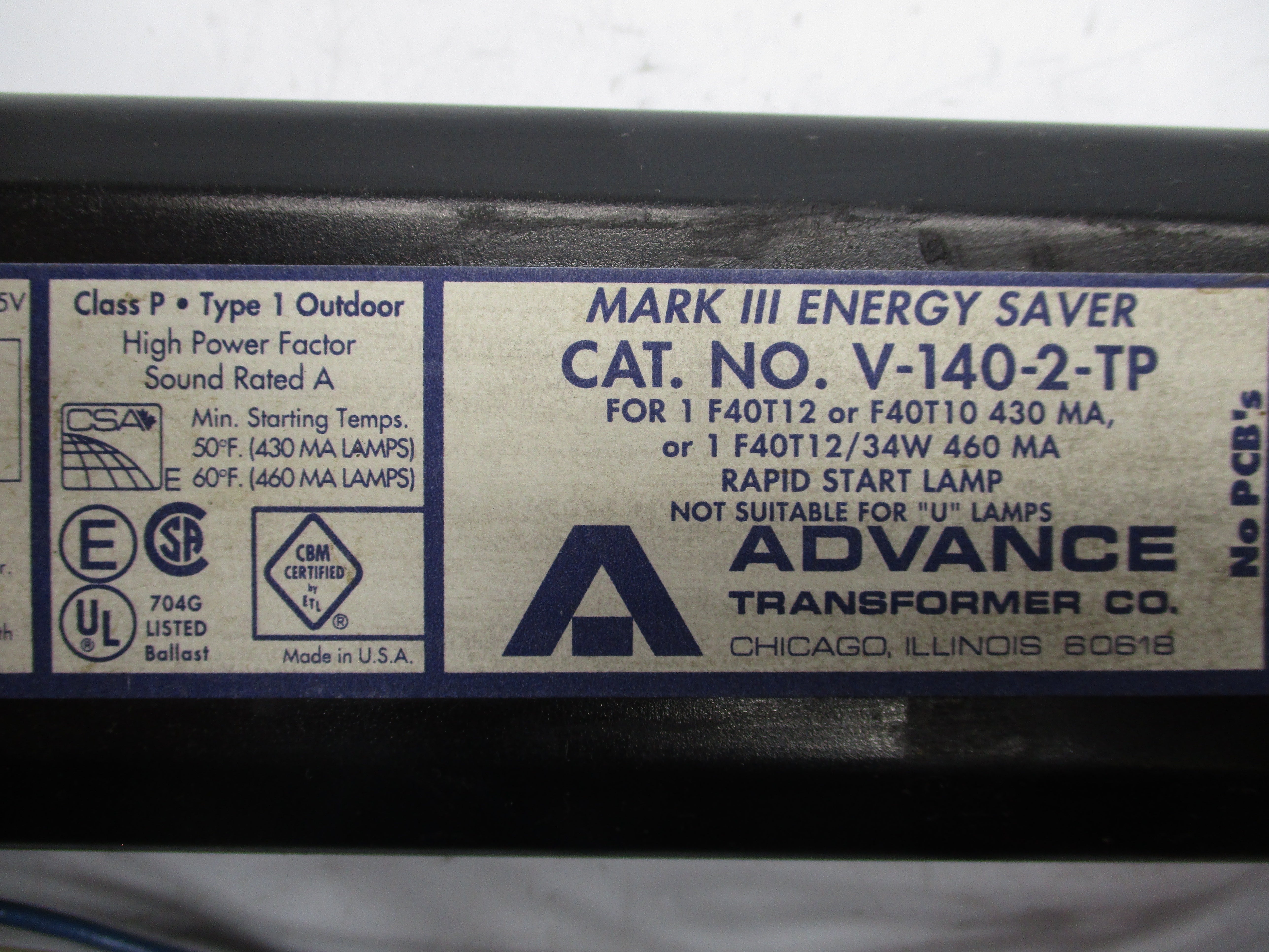 ADVANCE TRANSFORMER V-140-2-TP 277V 0.185A UNMP