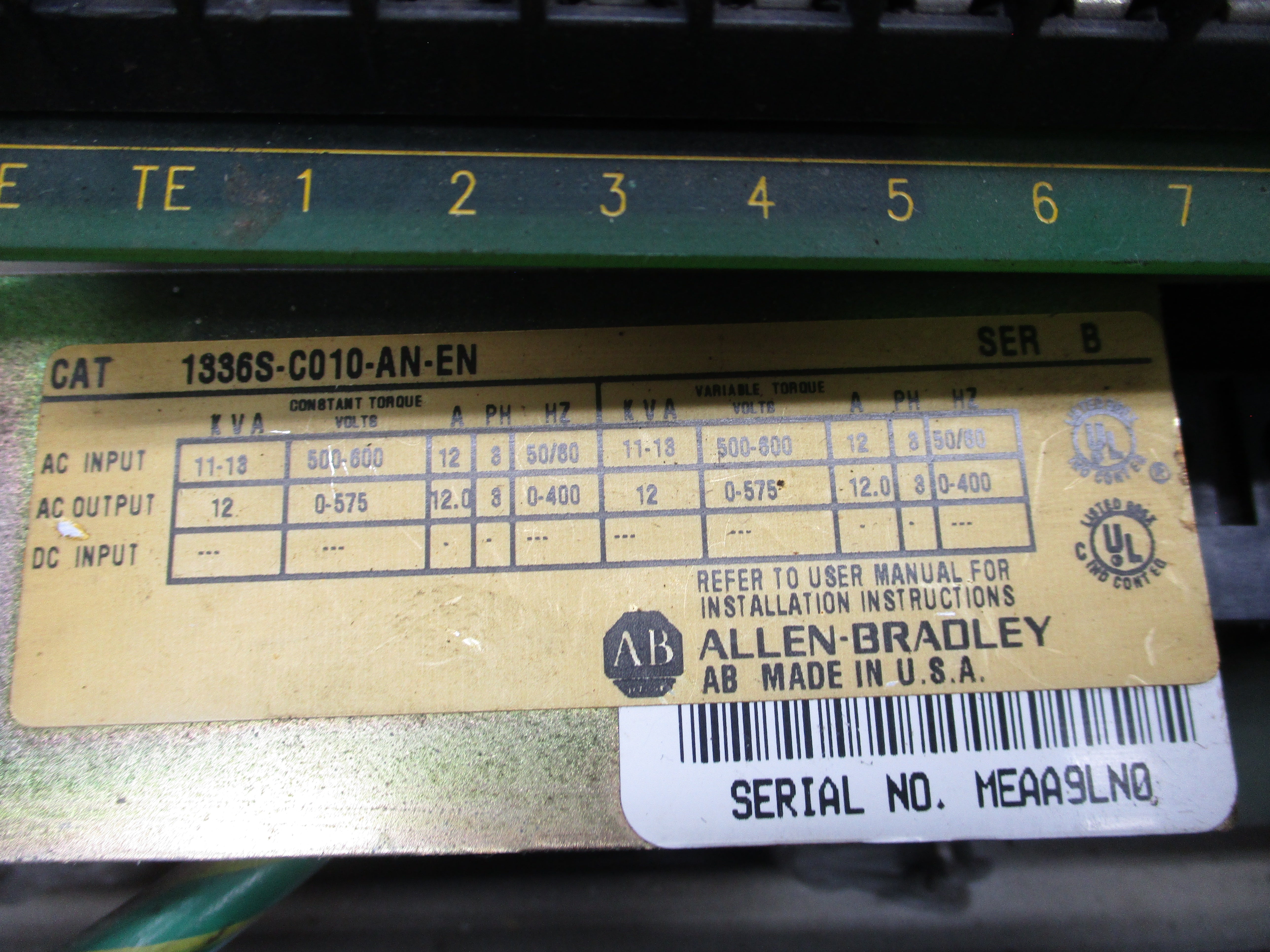 ALLEN BRADLEY 1336S-C010-AN-EN SER. B 500-600V 12A (NO COVER/TERMINAL) UNMP
