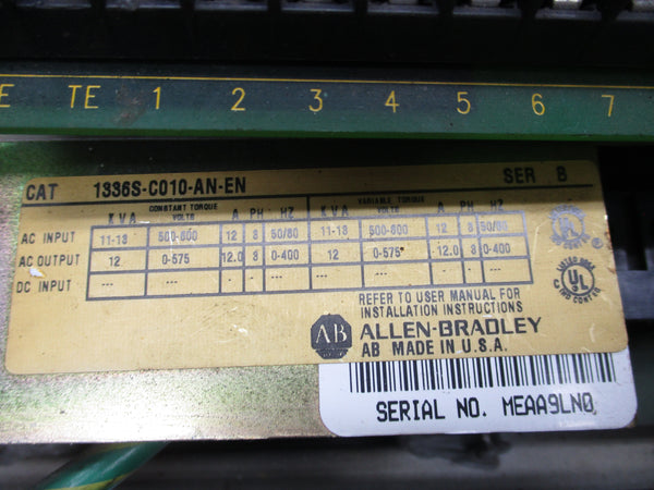 ALLEN BRADLEY 1336S-C010-AN-EN SER. B 500-600V 12A (NO COVER/TERMINAL) UNMP