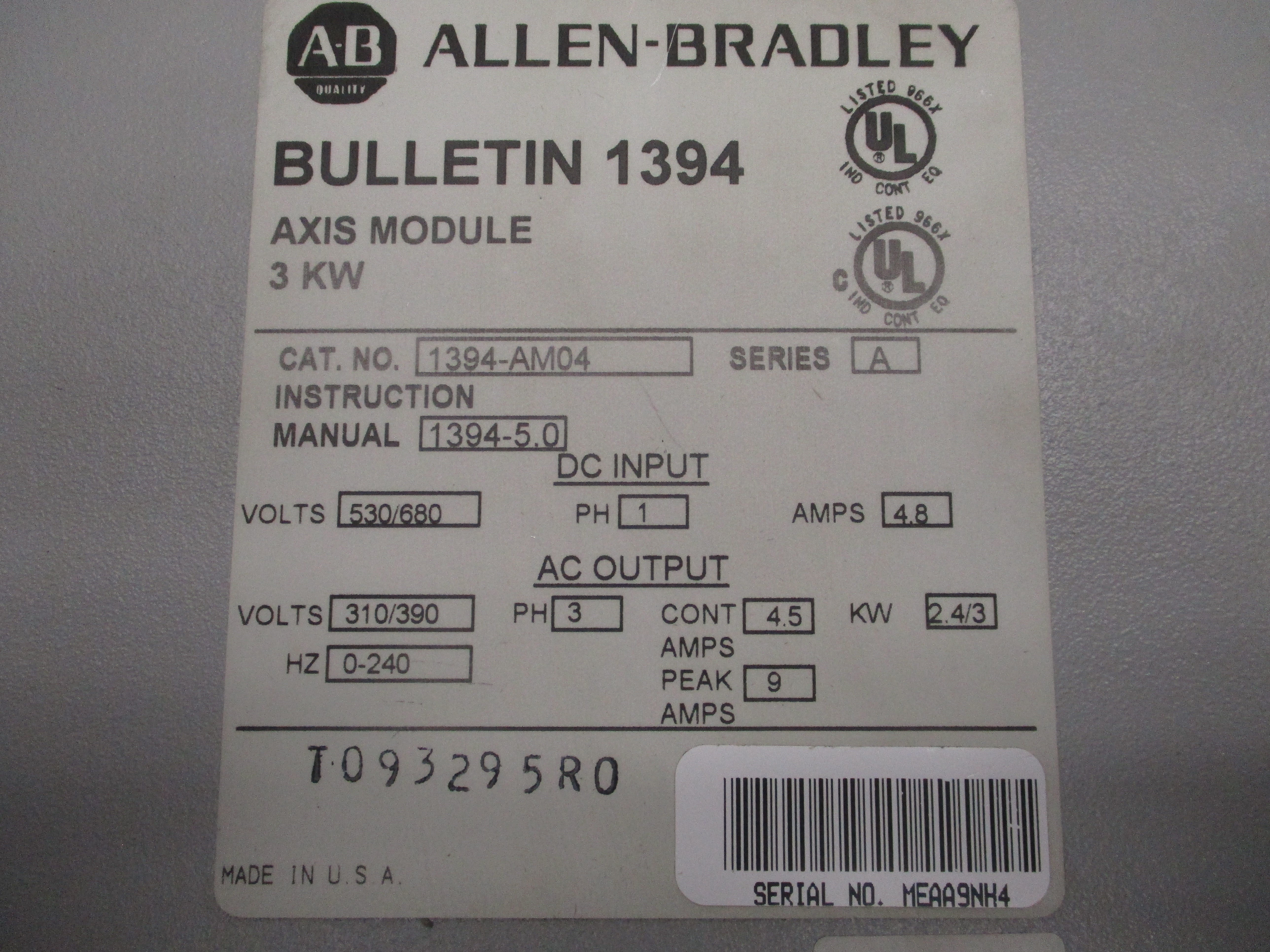ALLEN BRADLEY 1394-AM04 SER. A 530/680V 4.8A UNMP