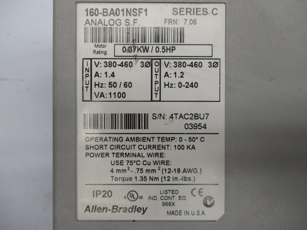 ALLEN BRADLEY 160-BA01NSF1 SER. C F/W 7.06 380-460V 1.4A (AS IS) UNMP
