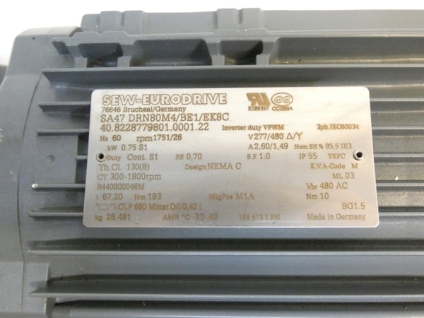 SEW EURODRIVE SA47DRN80M4/BE1/EK8C 277/480V 2.6/1.49A NSNP
