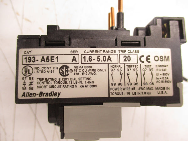 ALLEN BRADLEY 193-A5E1 SER. A 600V 1.6-5.0A (BR/WH) NSMP
