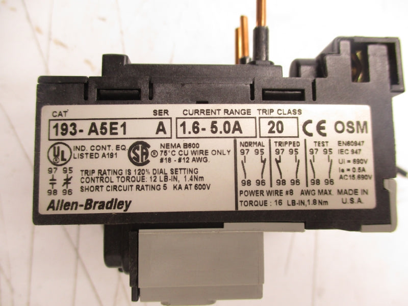 ALLEN BRADLEY 193-A5E1 SER. A 600V 1.6-5.0A (BR/WH) NSMP