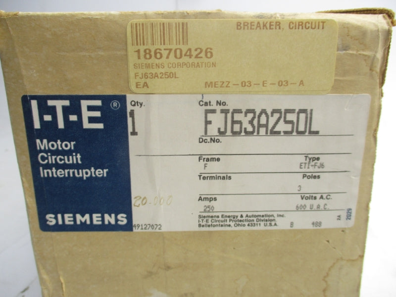 ITE FJ63A250L 600VAC 250A NSNP