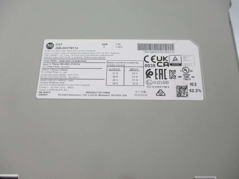ALLEN BRADLEY 25B-D037N114 SER. A F/W 7.001 323-528VAC 33.7A NSNP