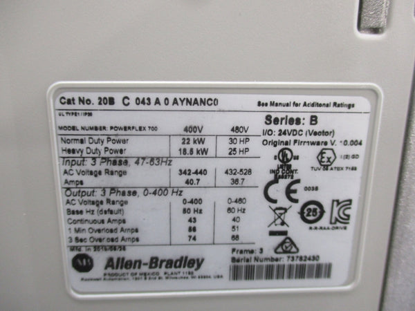 ALLEN BRADLEY 20BC043A0AYNANC0 SER. B F/W. 0.004 400V 43A NSMP