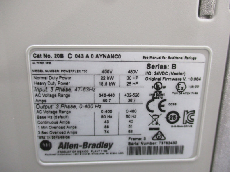 ALLEN BRADLEY 20BC043A0AYNANC0 SER. B F/W. 0.004 400V 43A NSMP