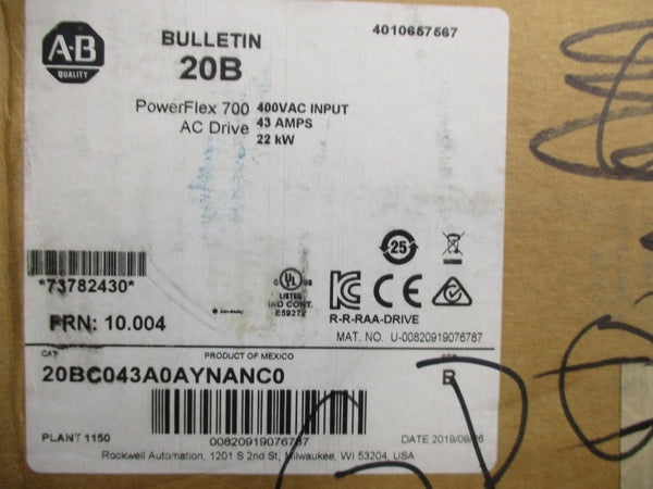 ALLEN BRADLEY 20BC043A0AYNANC0 SER. B F/W. 0.004 400V 43A NSMP