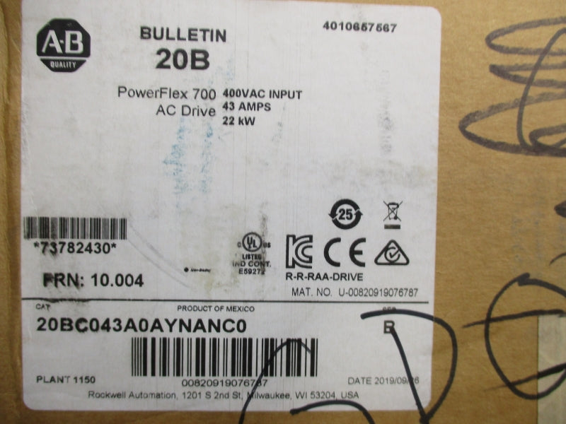 ALLEN BRADLEY 20BC043A0AYNANC0 SER. B F/W. 0.004 400V 43A NSMP