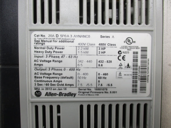ALLEN BRADLEY 20AD5P0A3AYNANC0 SER. A F/W 5.001  432-528VAC 5.6A UNMP