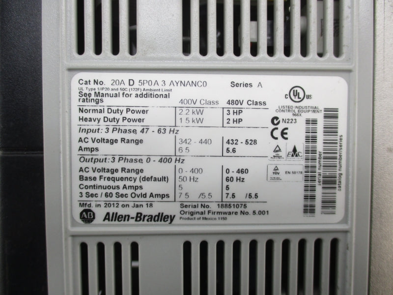 ALLEN BRADLEY 20AD5P0A3AYNANC0 SER. A F/W 5.001  432-528VAC 5.6A UNMP