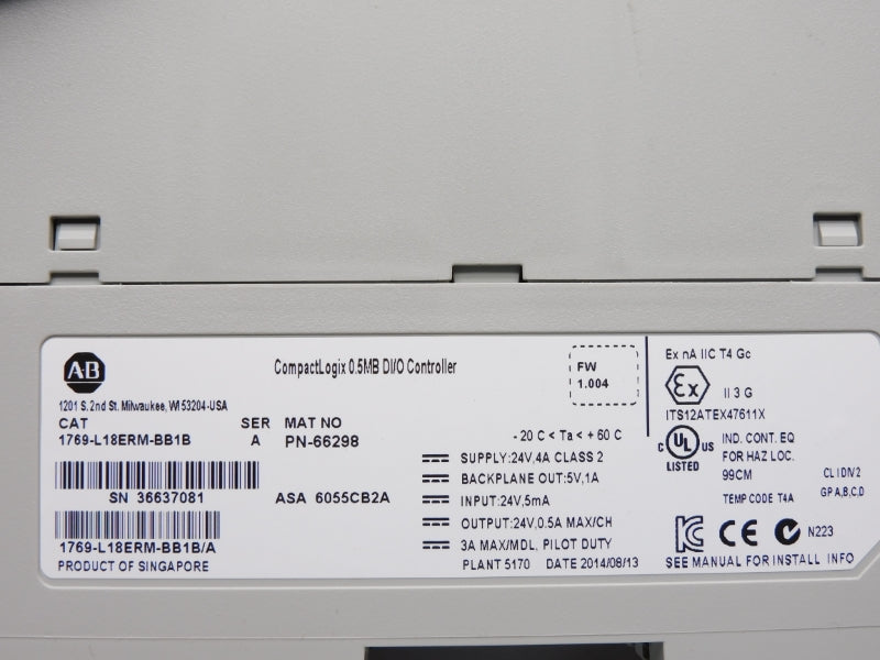 ALLEN BRADLEY 1769-L18ERM-BB1B SER. A 24V 4A F/W 1.004 NSMP