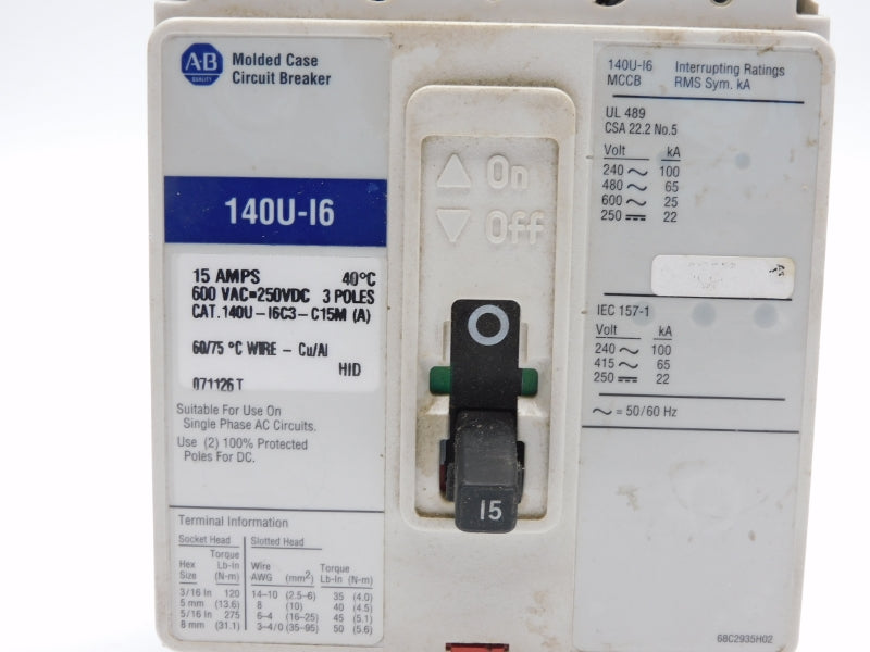 ALLEN BRADLEY 140U-I6C3-C15M SER. A 600VAC 15A UNMP