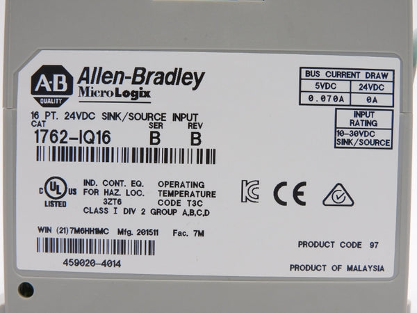 ALLEN BRADLEY 1762-IQ16 SER. B 10-30VDC 0.070A NSNP