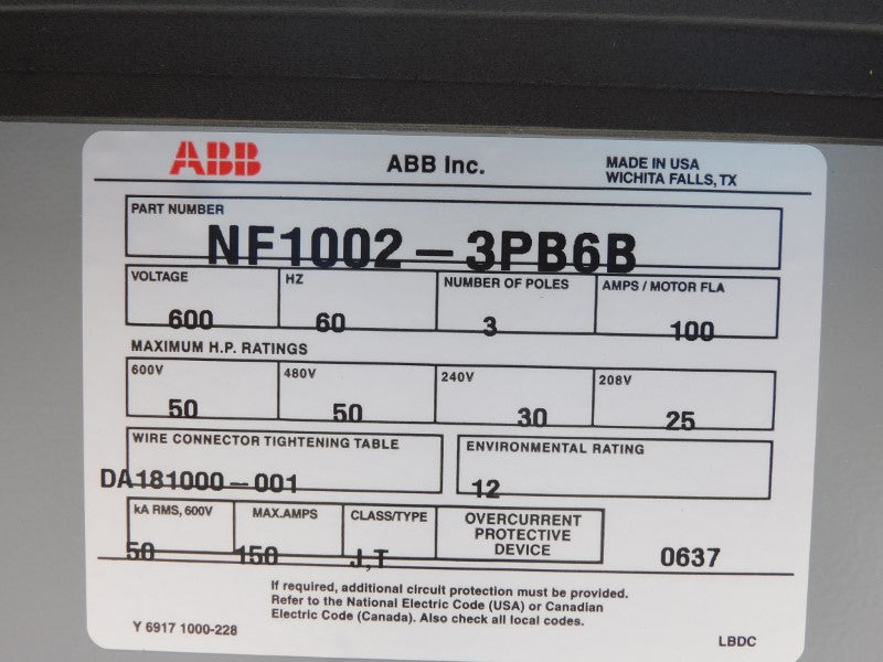 ABB NF1002-3PB6B 600V 100A NSMP