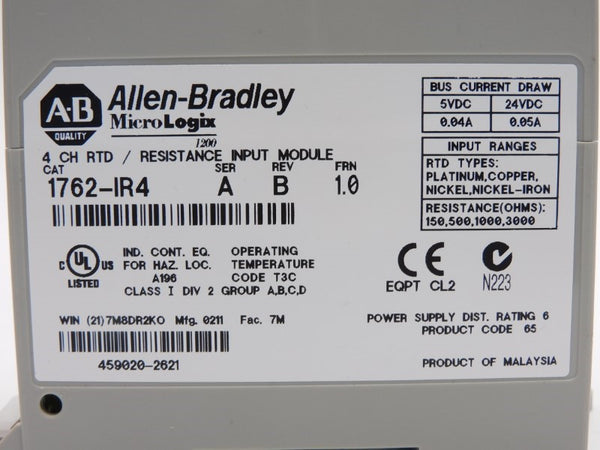 ALLEN BRADLEY 1762-IR4 SER. A F/W 1.0 24VDC 0.05A NSNP