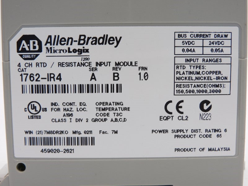 ALLEN BRADLEY 1762-IR4 SER. A F/W 1.0 24VDC 0.05A NSNP