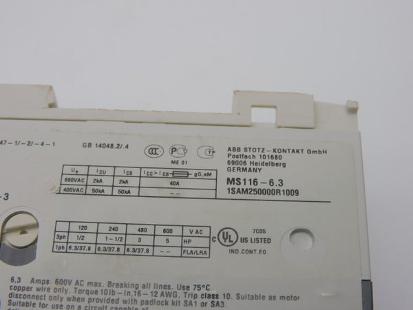 ABB 1SAM250000R1009 MS116-6.3 690VAC 4.0-6.3A NSMP