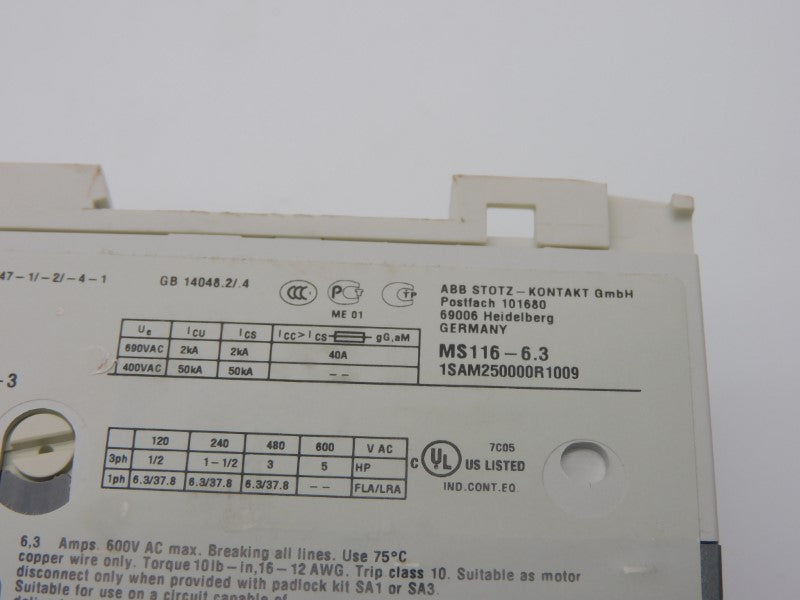ABB 1SAM250000R1009 MS116-6.3 690VAC 4.0-6.3A NSMP