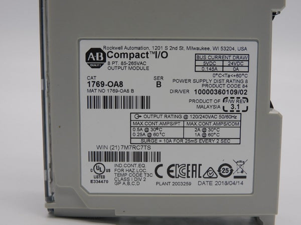 ALLEN BRADLEY 1769-OA8 SER. B F/W 3.1 85-265VAC 10A NSNP