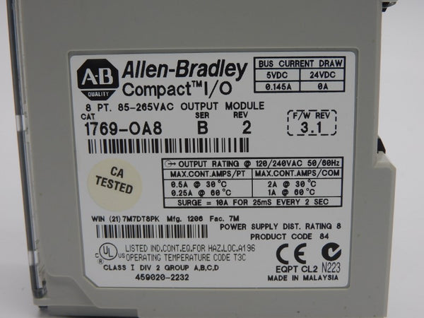 ALLEN BRADLEY 1769-OA8 SER. B F/W 3.1 REV. 2 85-265VAC 10A (NO CONNECTOR) UNMP