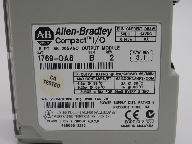 ALLEN BRADLEY 1769-OA8 SER. B F/W 3.1 REV. 2 85-265VAC 10A (NO CONNECTOR) UNMP