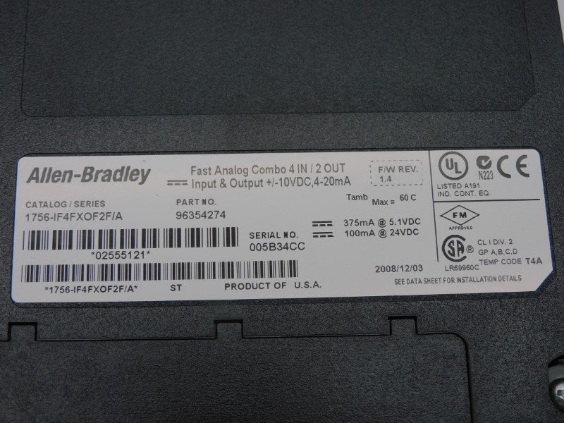 ALLEN BRADLEY 1756-IF4FX0F2F SER. A F/W 1.4 24VDC NSMP