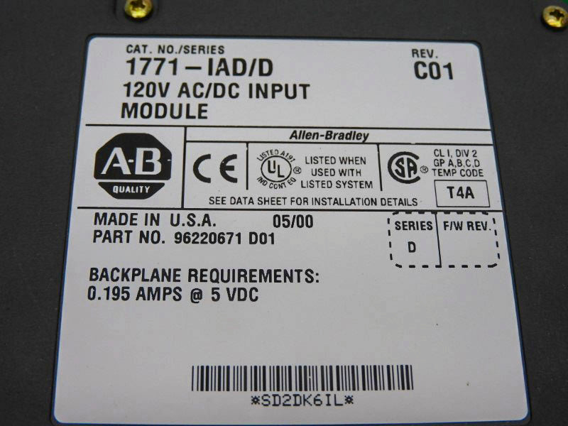 ALLEN BRADLEY 1771-IAD SER. D REV. D01 120VAC/DC 0.195A NSMP