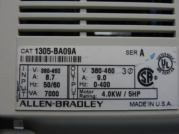 ALLEN BRADLEY 1305-BA09A SER. A 380-460V 9.0A (NO COVER/DOOR) UNMP