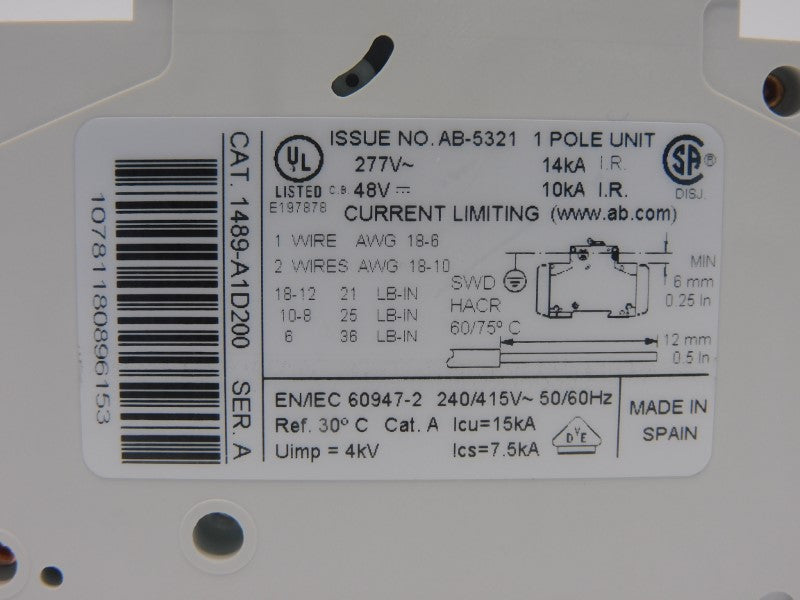 ALLEN BRADLEY 1489-A1D200 SER. A 277VAC 20A (PKG OF 2) (WH) NSMP