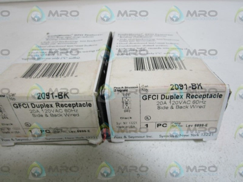 LOT OF 2 PASS & SEYMOUR DUPLEX RECEPTACLE 2091-BK NSMP