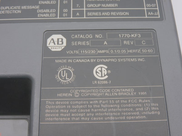 ALLEN BRADLEY 1770-KF3 REV. C SER. A 115/230V 0.1/0.05A UNMP